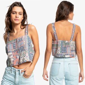 Quiksilver Paisley Patchwork Faded Denim Tencel Crop Top Tank Womens XS Beachy